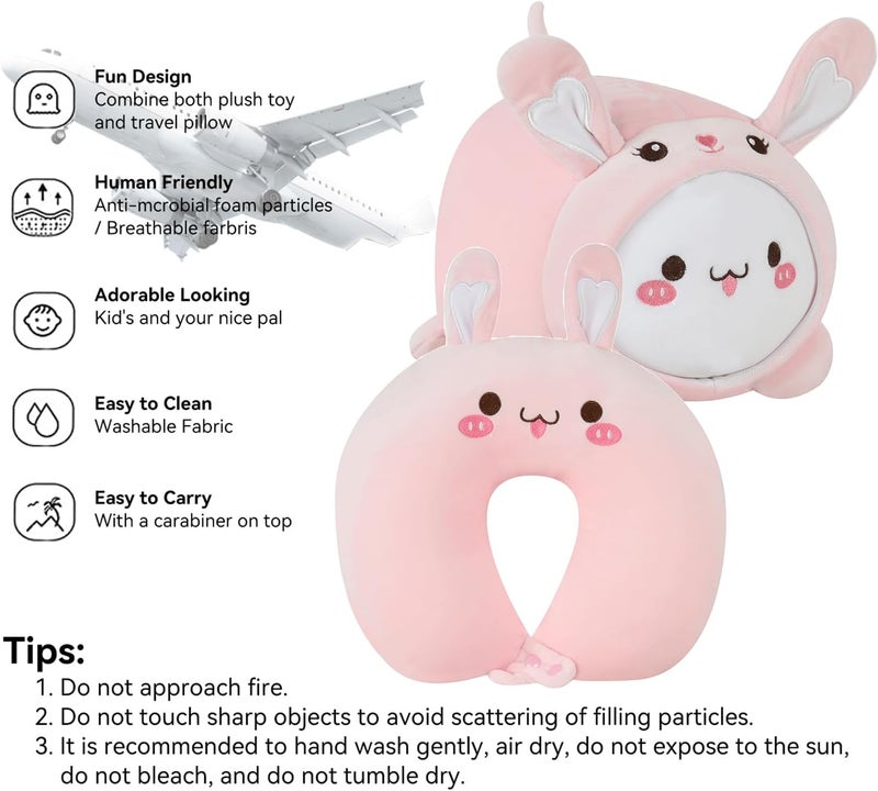 stocaggio Kids Travel Pillow - 2-in-1 Deformable Kids Neck Pillow for Traveling, Soft U-Shaped Pillow with Adorable Animal Design, Comfy Sleep and Play, Ideal for Airplanes and Traveling (QQ Pink Rabbit) - Image 4